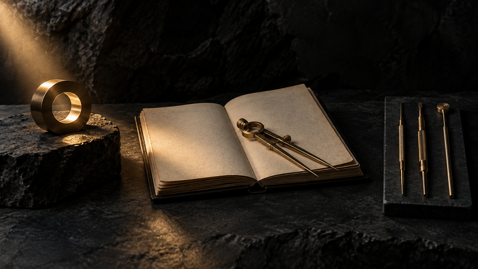 A focused circle of light, an open notebook, and carefully arranged tools representing intention, knowledge, and discipline